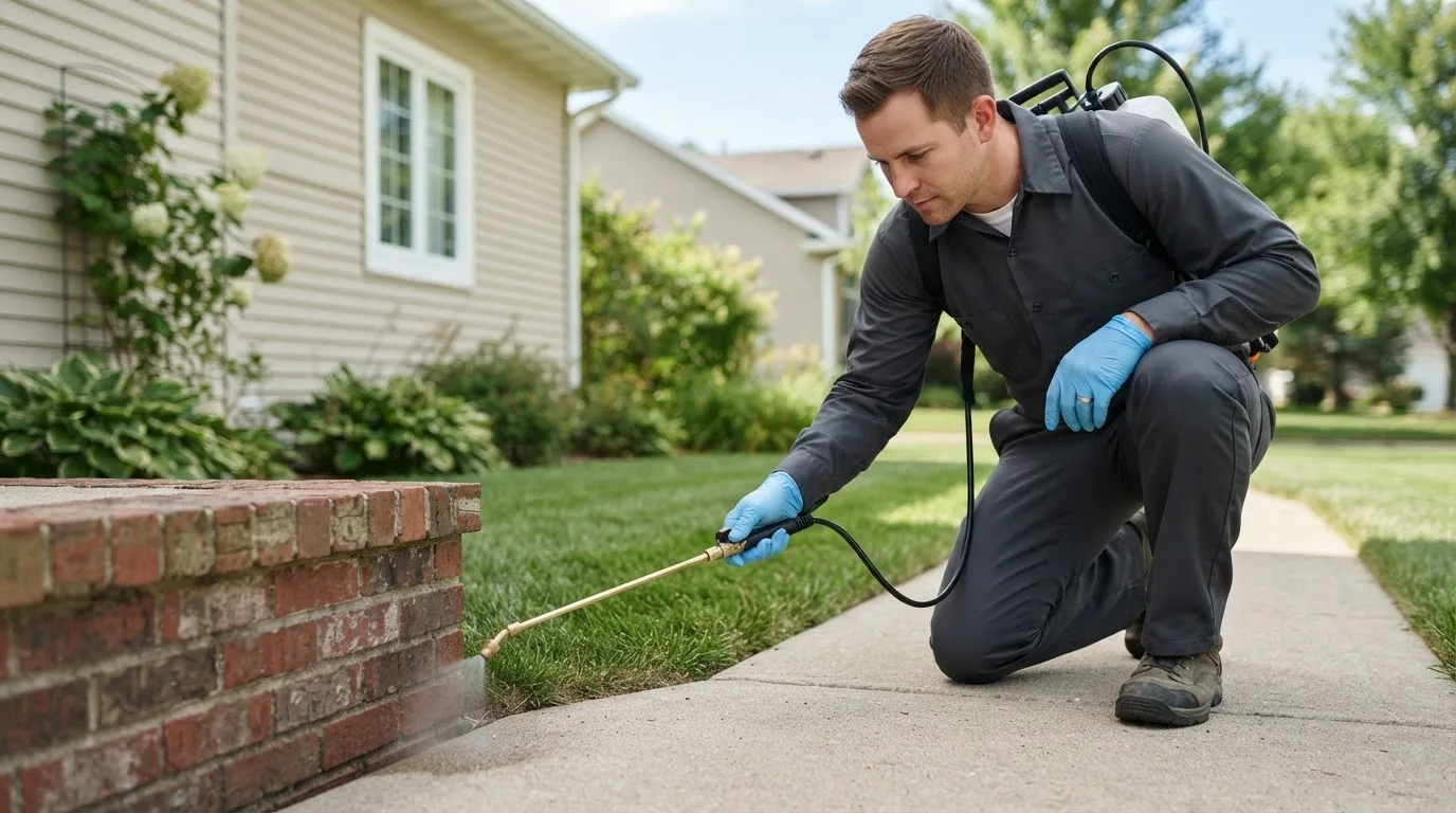 Pest control technician treating a home near Knickerbocker, TX