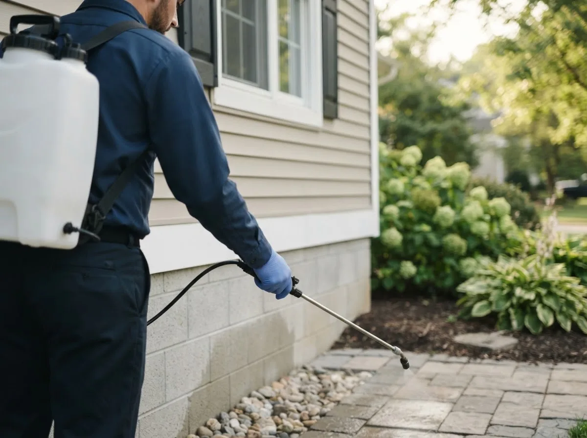 Pest control technician inspecting a home in Knickerbocker, TX